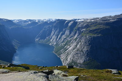 Scenic view of lake against clear blue sky