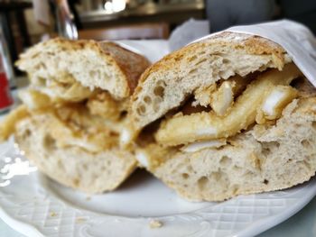 High angle view of bread in plate on table