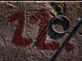 High angle view of heart shape on metal