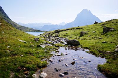 Scenic view of lake by mountains against sky