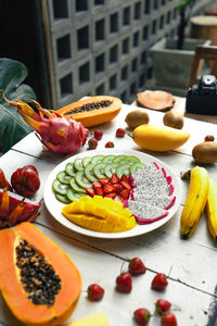 High angle view of breakfast on table