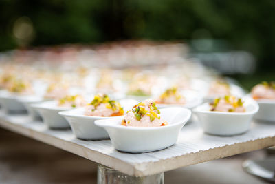 Close-up of finger food in plate on table. gourmet buffet. high angle view of food.