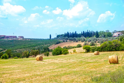 Hay bales on field against sky