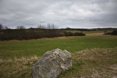 Scenic view of grassy field against cloudy sky