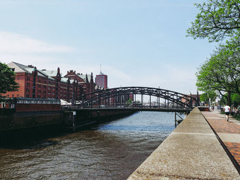 Bridge over river amidst buildings in city against sky