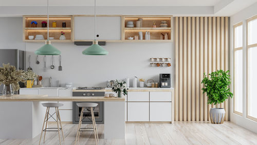 Modern white kitchen interior with furniture,kitchen interior with white wall.3d rendering