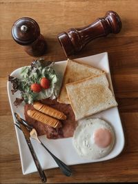 High angle view of breakfast served on table