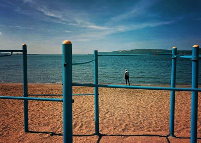 Rear view of man on beach against sky