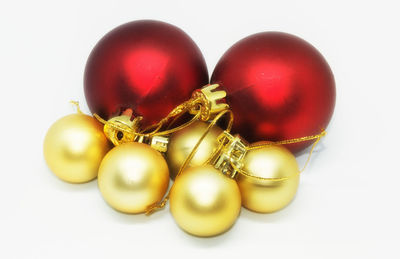 High angle view of christmas decorations over white background