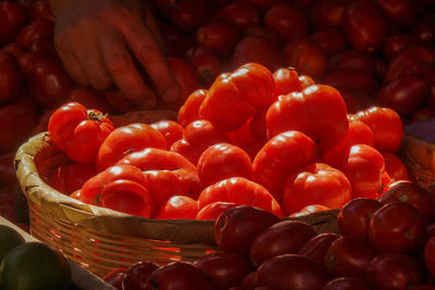 Full frame shot of red chili peppers in market