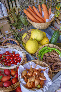 High angle view of fruits in basket at market