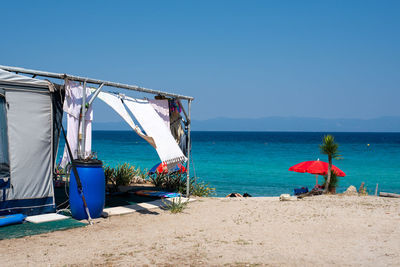 Scenic view of beach against clear blue sky