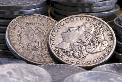 High angle view of coins on table