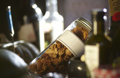 Close-up of beer glass bottle