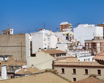 High angle view of buildings against clear blue sky