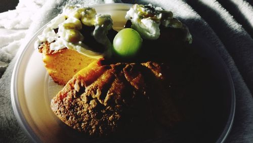 High angle view of breakfast served in plate