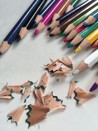 High angle view of colored pencils on table