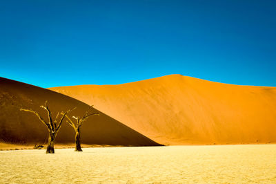 Scenic view of desert against clear blue sky