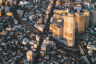 High angle view of modern buildings in city