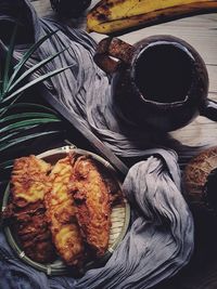High angle view of bread in plate on table