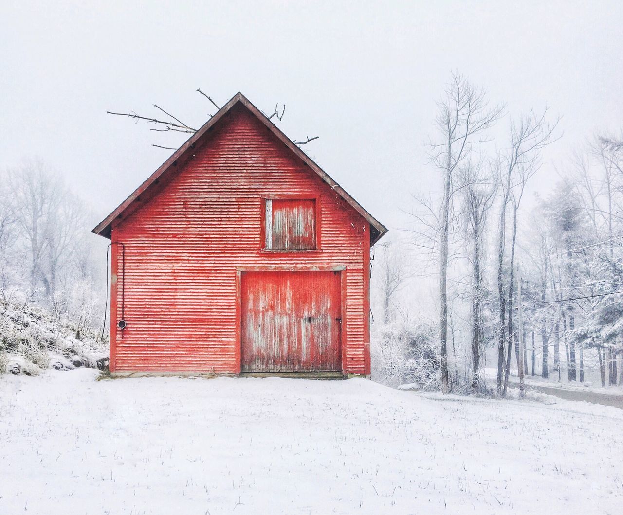 winter, cold temperature, snow, building exterior, built structure, red, architecture, weather, house, tree, season, field, clear sky, bare tree, sky, nature, day, outdoors, covering, tranquility