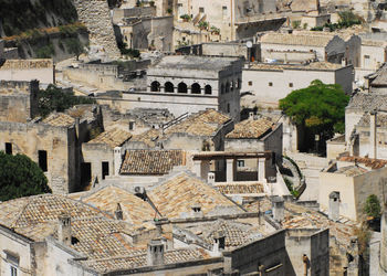 High angle view of old buildings in city