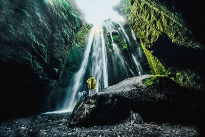 Rear view of man standing by waterfall