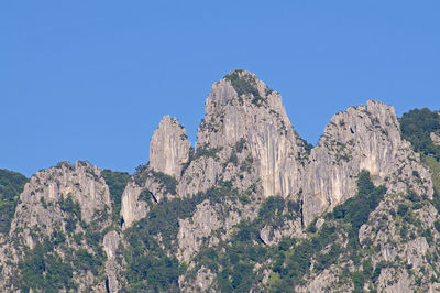 Low angle view of rocks against clear blue sky
