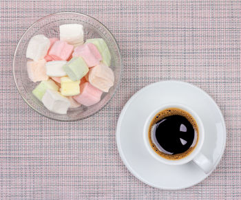 High angle view of breakfast served on table