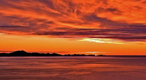 Scenic view of sea against dramatic sky during sunset