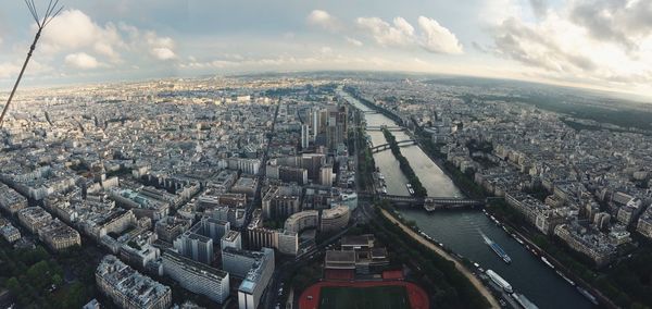 High angle shot of river along cityscape