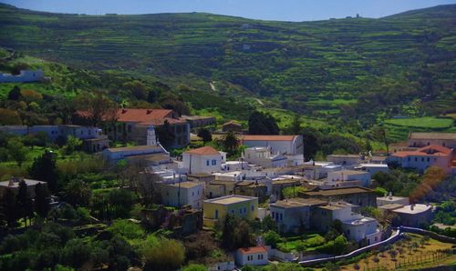 High angle view of townscape against mountain