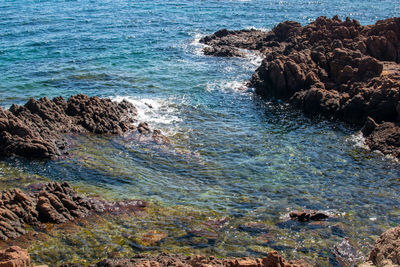 High angle view of rocks on beach