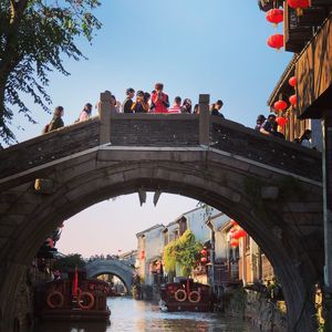 People on bridge over canal against sky