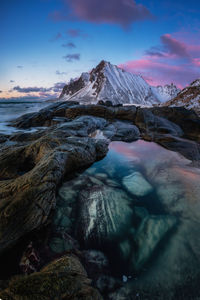 Scenic view of snowcapped mountains against sky during sunset