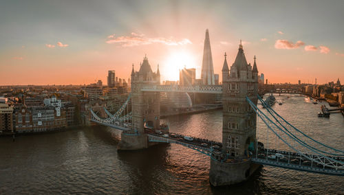 Aerial view of the london tower bridge at sunset.