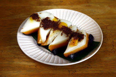 High angle view of dessert in plate on table