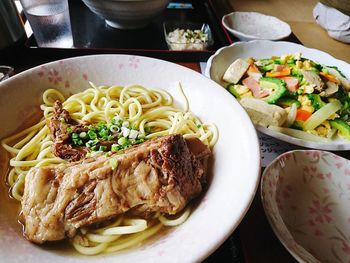 High angle view of food served on table