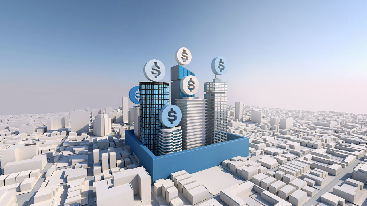 AERIAL VIEW OF BUILDINGS AGAINST CLEAR BLUE SKY