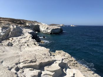 Rocks by sea against clear blue sky