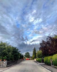 Empty road along plants and trees against sky