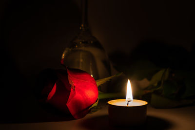 Close-up of lit tea light candles in the dark