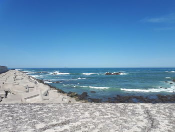 Scenic view of sea against clear blue sky