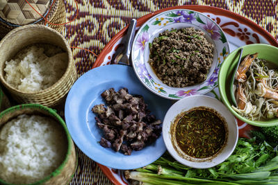 High angle view of food on table