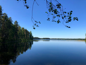 Scenic view of lake against clear blue sky