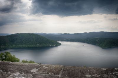 Scenic view of river amidst mountains against sky