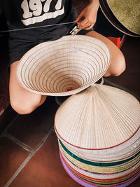 High angle view of wicker baskets