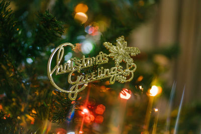 Close-up of illuminated christmas tree