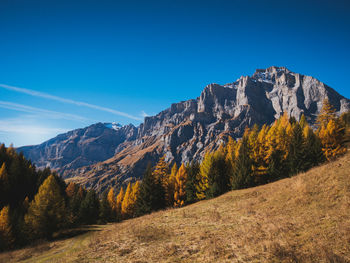 Scenic view of mountains against clear blue sky