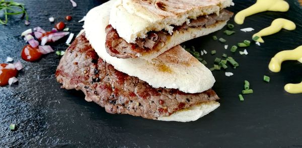 High angle view of meat in plate
